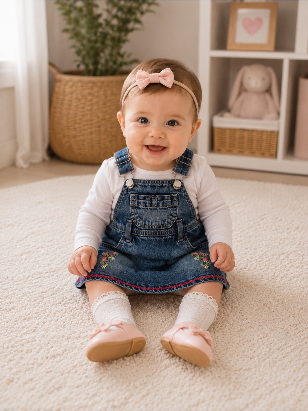 Baby Girls Denim Jumper Dress Floral Embroidery 6-9 Months